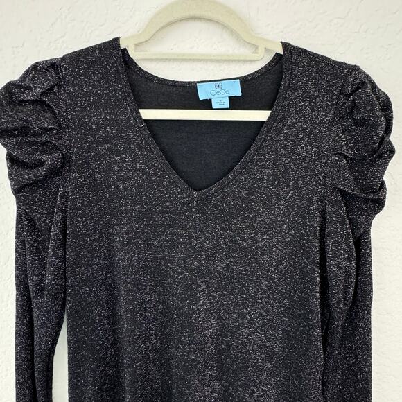 CeCe Womens Long Sleep Top Blouse Size S Metallic Ruffle Sleeve Stretch Black - Picture 3 of 7